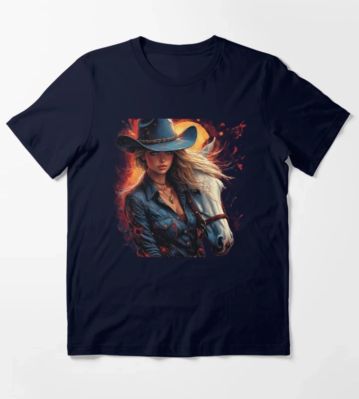 Western Cowgirl with White Horse Rustic Wild West Female Cowboy Art by NegarTv Designs T-Shirt Navy