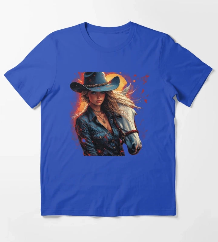 Western Cowgirl with White Horse Rustic Wild West Female Cowboy Art by NegarTv Designs T-Shirt Blue