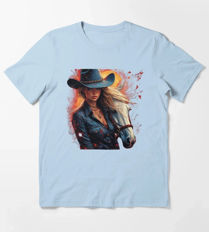 Western Cowgirl with White Horse Rustic Wild West Female Cowboy Art by NegarTv Designs T-Shirt Sky Blue