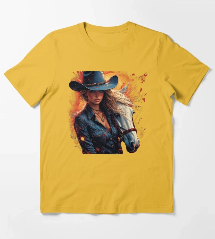 Western Cowgirl with White Horse Rustic Wild West Female Cowboy Art by NegarTv Designs T-Shirt Yellow