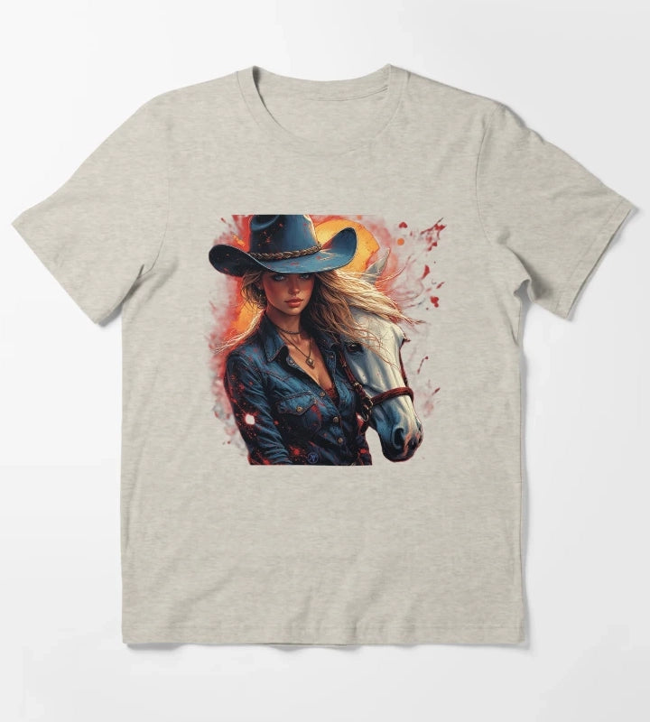 Western Cowgirl with White Horse Rustic Wild West Female Cowboy Art by NegarTv Designs T-Shirt Cream