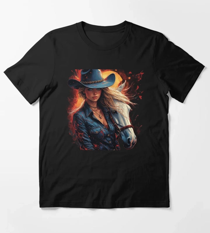 Western Cowgirl with White Horse Rustic Wild West Female Cowboy Art by NegarTv Designs T-Shirt