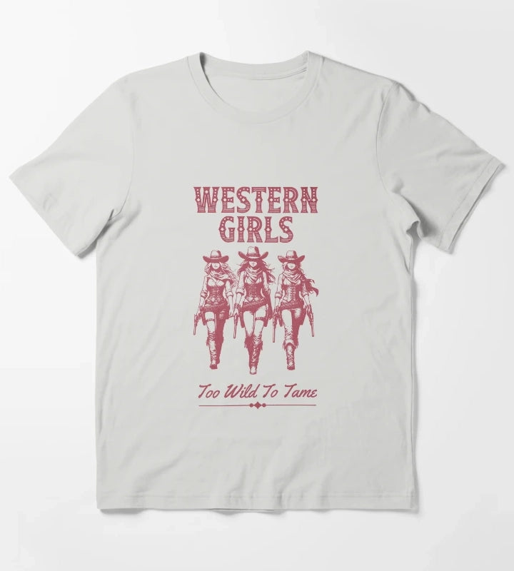 Western Girls Too Wild To Tame Vintage Cowgirl Design T-Shirt Light Grey