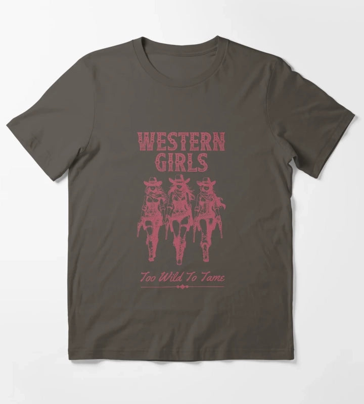 Western Girls Too Wild To Tame Vintage Cowgirl Design T-Shirt Dark Grey