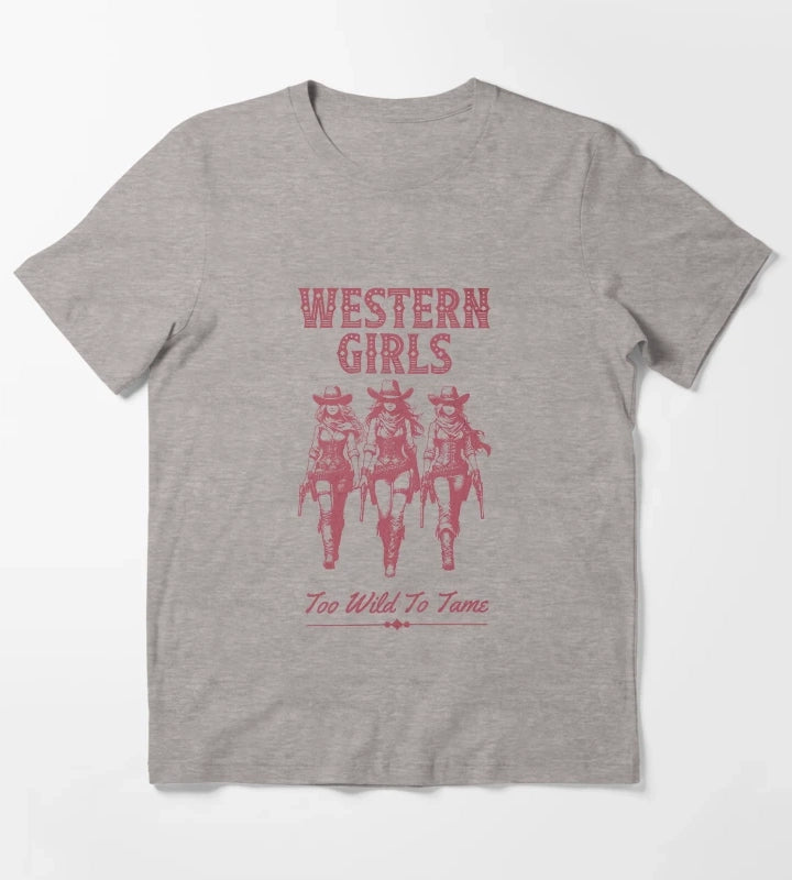 Western Girls Too Wild To Tame Vintage Cowgirl Design T-Shirt Heather Grey