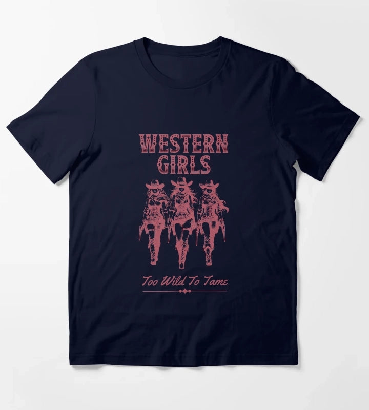 Western Girls Too Wild To Tame Vintage Cowgirl Design T-Shirt Navy
