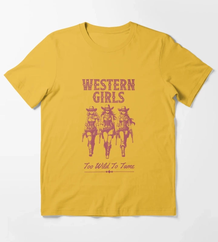 Western Girls Too Wild To Tame Vintage Cowgirl Design T-Shirt Yellow