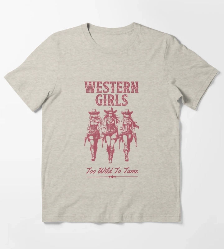 Western Girls Too Wild To Tame Vintage Cowgirl Design T-Shirt Cream