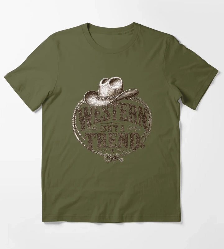 Western Isnt A Trend Cowboy Hat Lasso Graphic for Light Products T-Shirt Olive Green