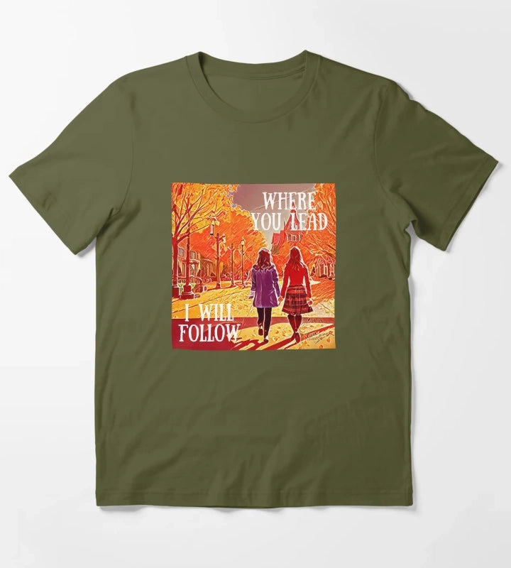 Where You Lead I Will Follow The Girls Walking in Autumn Gilmore T-Shirt Olive Green
