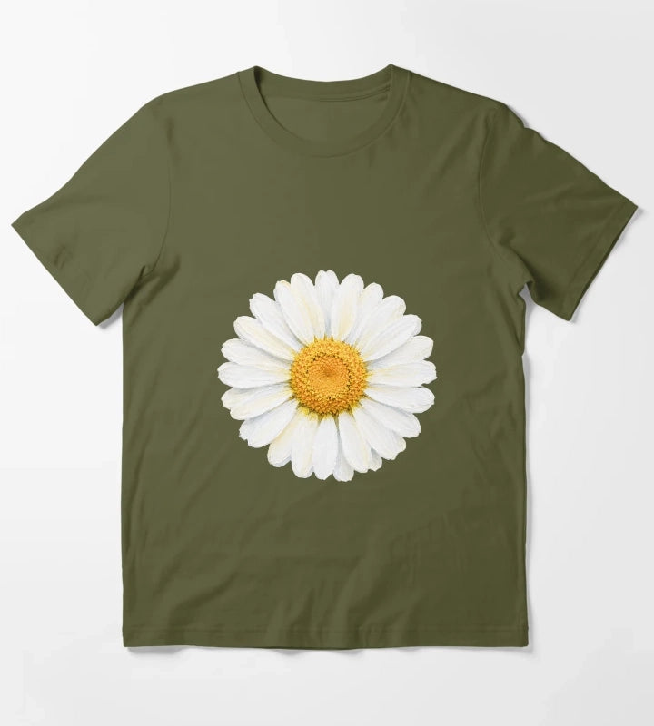 White Daisy Acrylic Painting Elegant Botanical Flower Art T-Shirt Olive Green