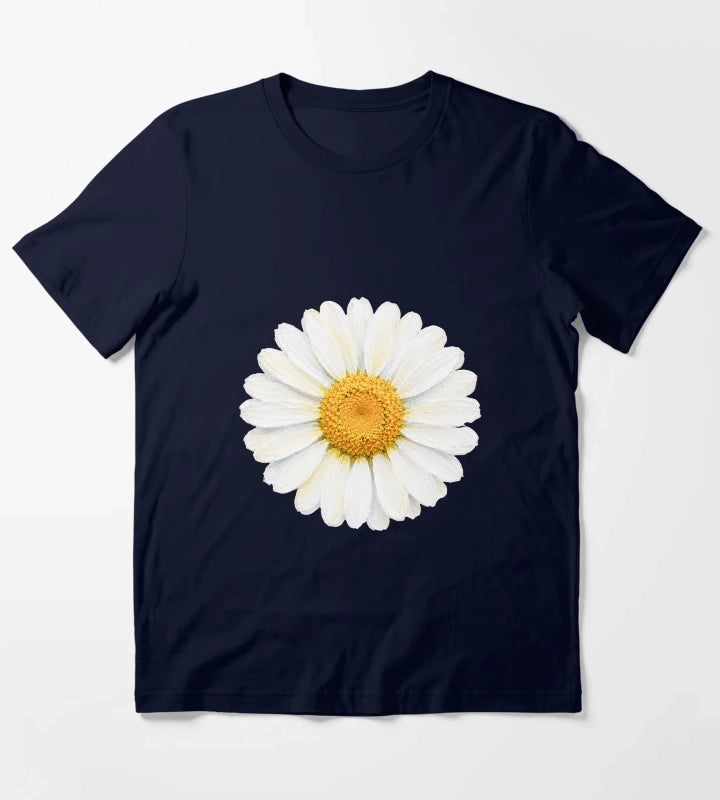 White Daisy Acrylic Painting Elegant Botanical Flower Art T-Shirt Navy