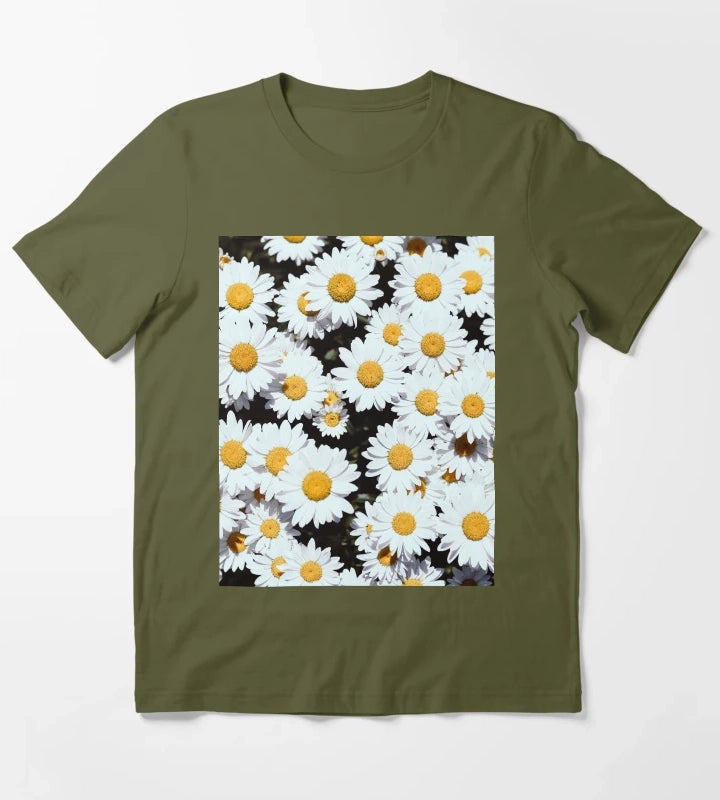 White Daisy Flowers Blooming T-Shirt Olive Green