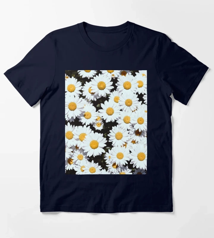 White Daisy Flowers Blooming T-Shirt Navy
