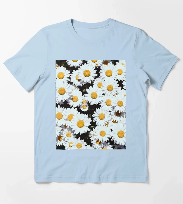 White Daisy Flowers Blooming T-Shirt Sky Blue