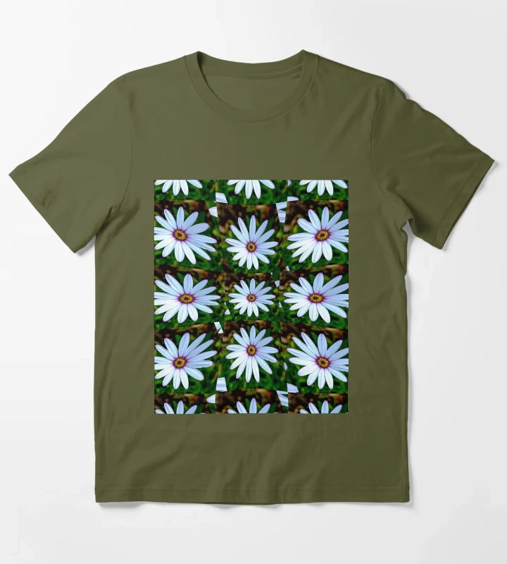 White Daisy Pattern T-Shirt Olive Green