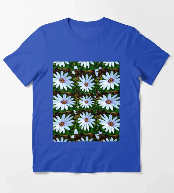White Daisy Pattern T-Shirt Blue