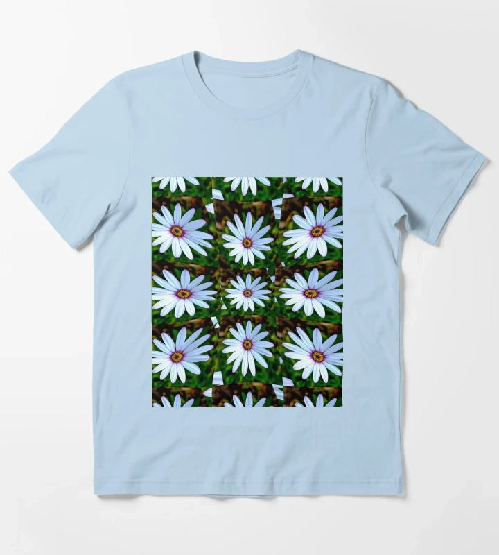 White Daisy Pattern T-Shirt Sky Blue