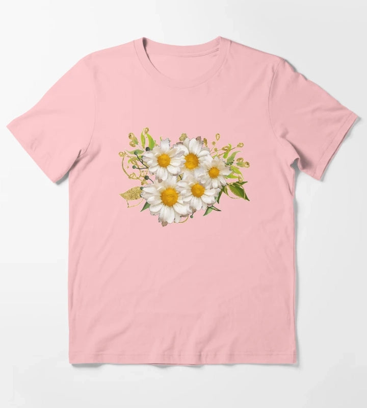 White Daisy Pattern Watercolor Floral Gerber Flower Bouquet Blue Paint T-Shirt Dark Grey