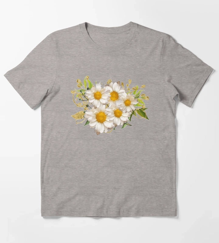 White Daisy Pattern Watercolor Floral Gerber Flower Bouquet Blue Paint T-Shirt Heather Grey