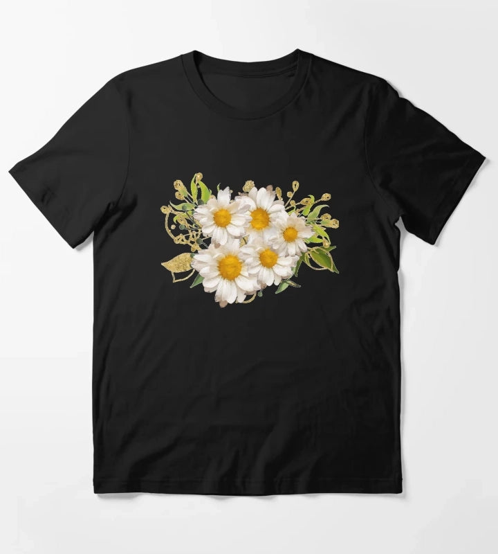 White Daisy Pattern Watercolor Floral Gerber Flower Bouquet Blue Paint T-Shirt