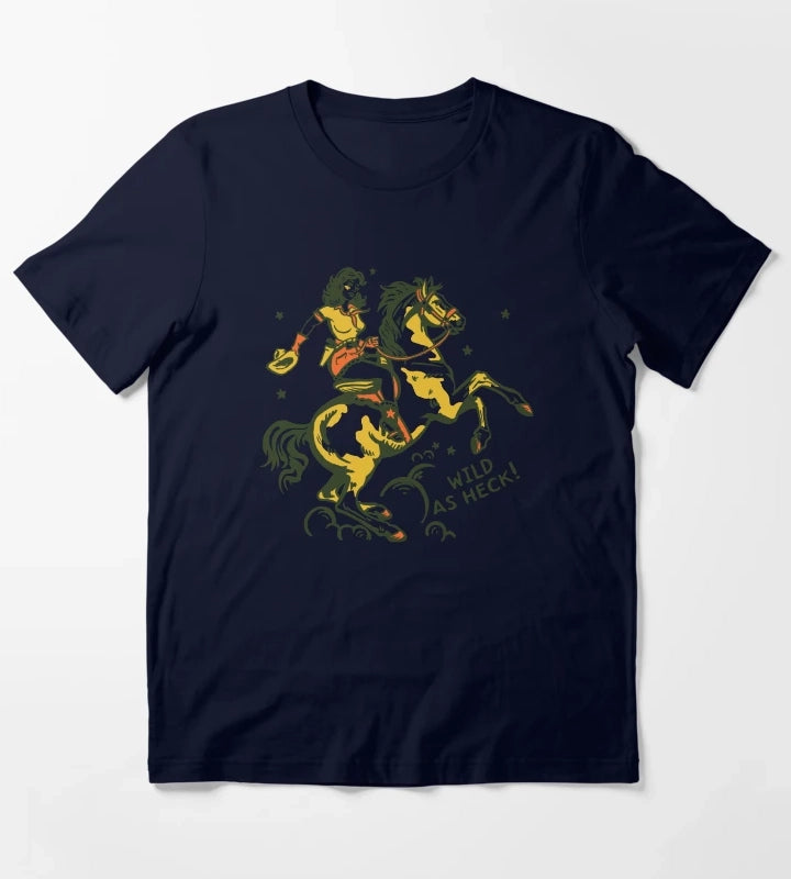 Wild As Heck Hand Illustrated Cowgirl Design Style 2 T-Shirt Navy