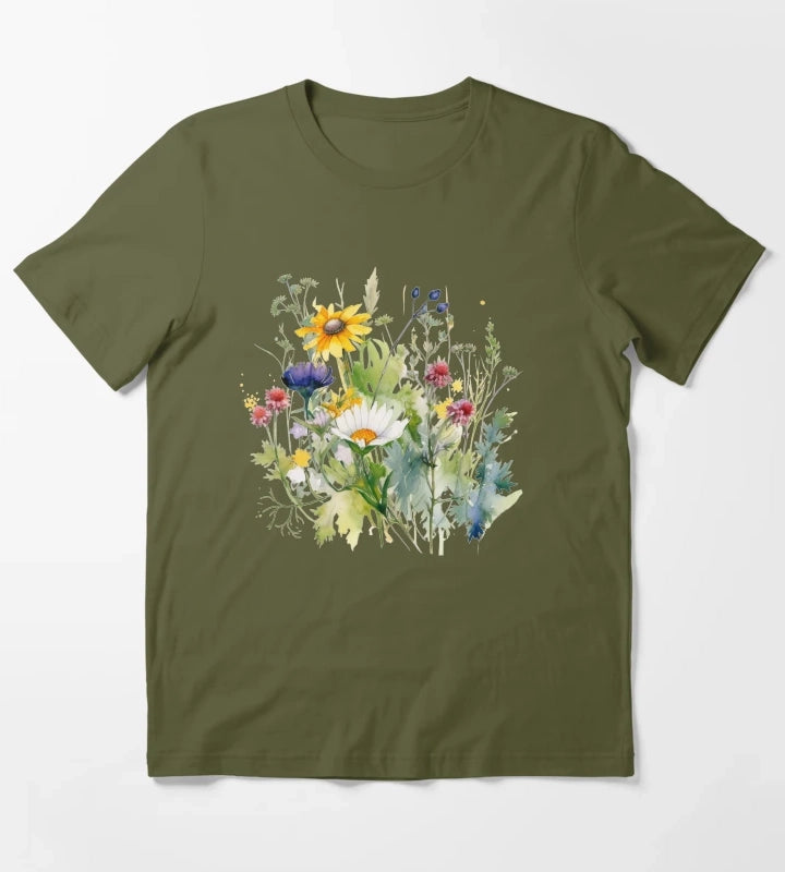 Wild Flowers Botanical Flower Nature T-Shirt Olive Green