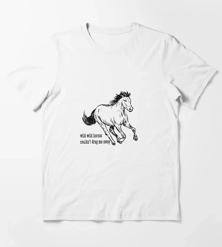 Wild Horses by The Rolling Stones Lyrics and Western Line Art Black T-Shirt White