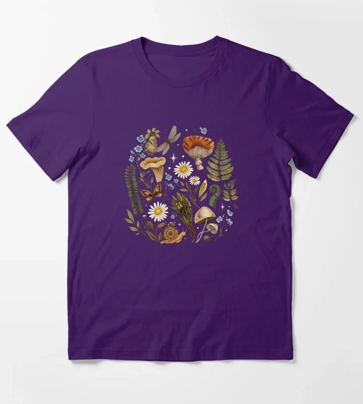 Witchy Dark Cottagecore Vintage Botanical Mushrooms Forest Flora Fern Daisy Wildflower Natural History Aesthetic T-Shirt Purple