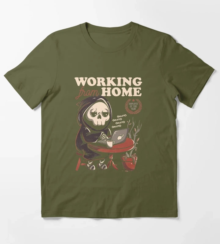 Working From Home Creepy Skull Gift T-Shirt Olive Green