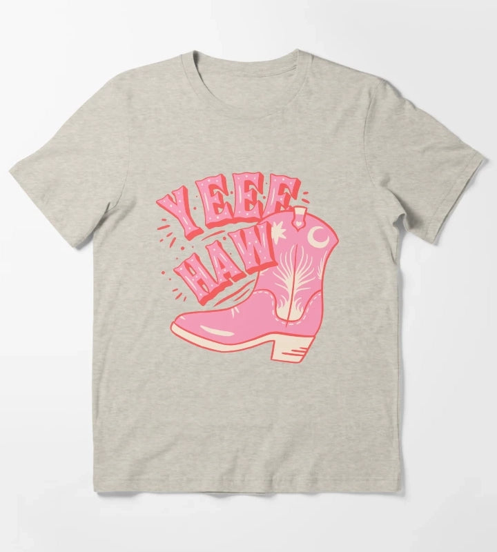YEEHAW Pink Cowboy Space Cowgirl Rodeo Boot Preppy Aesthetic HOWDY YALL White Background T-Shirt Cream