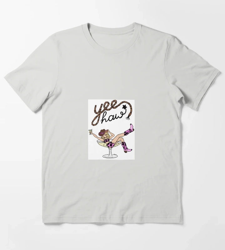 Yee Haw Cowgirl in Martini Glass Retro Western Pinup Art T-Shirt Light Grey