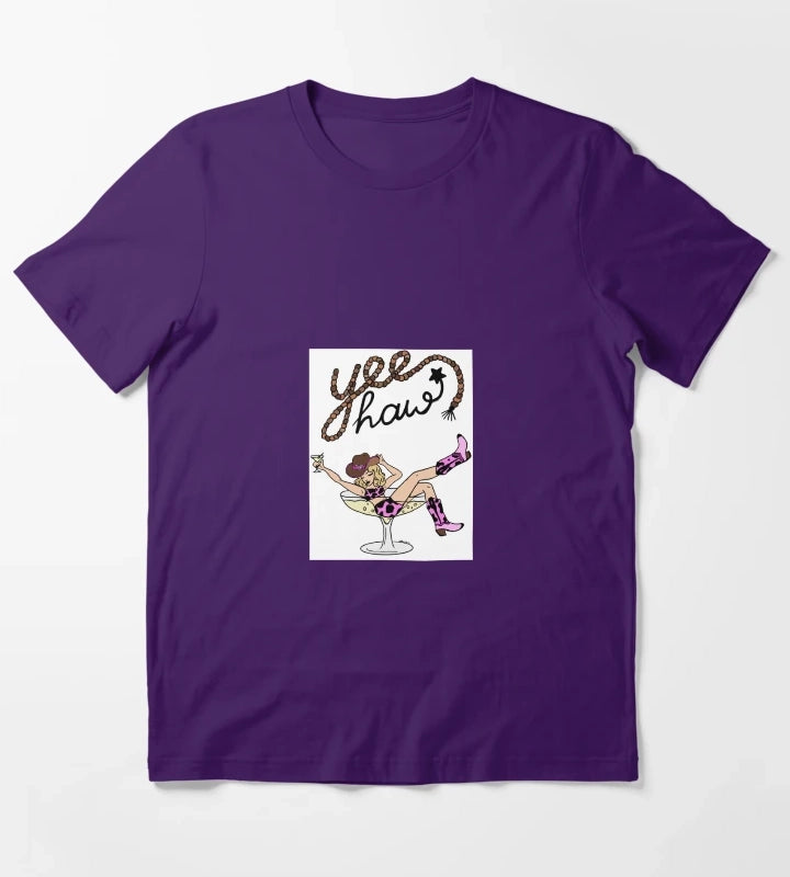 Yee Haw Cowgirl in Martini Glass Retro Western Pinup Art T-Shirt Purple