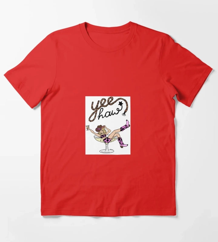 Yee Haw Cowgirl in Martini Glass Retro Western Pinup Art T-Shirt Red