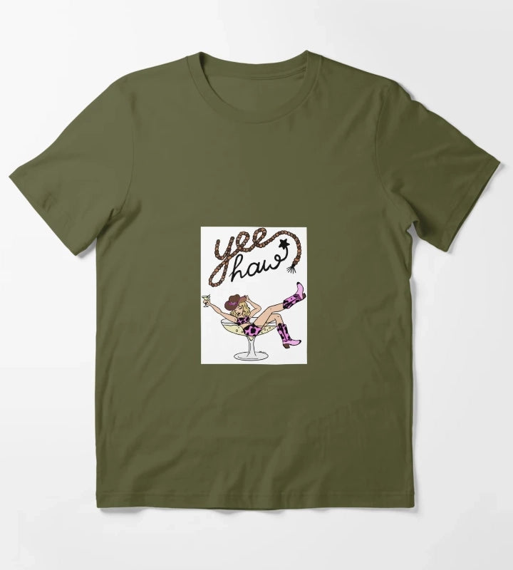 Yee Haw Cowgirl in Martini Glass Retro Western Pinup Art T-Shirt Olive Green