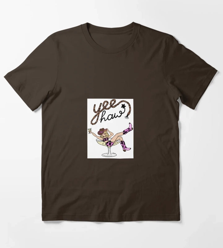 Yee Haw Cowgirl in Martini Glass Retro Western Pinup Art T-Shirt Brown
