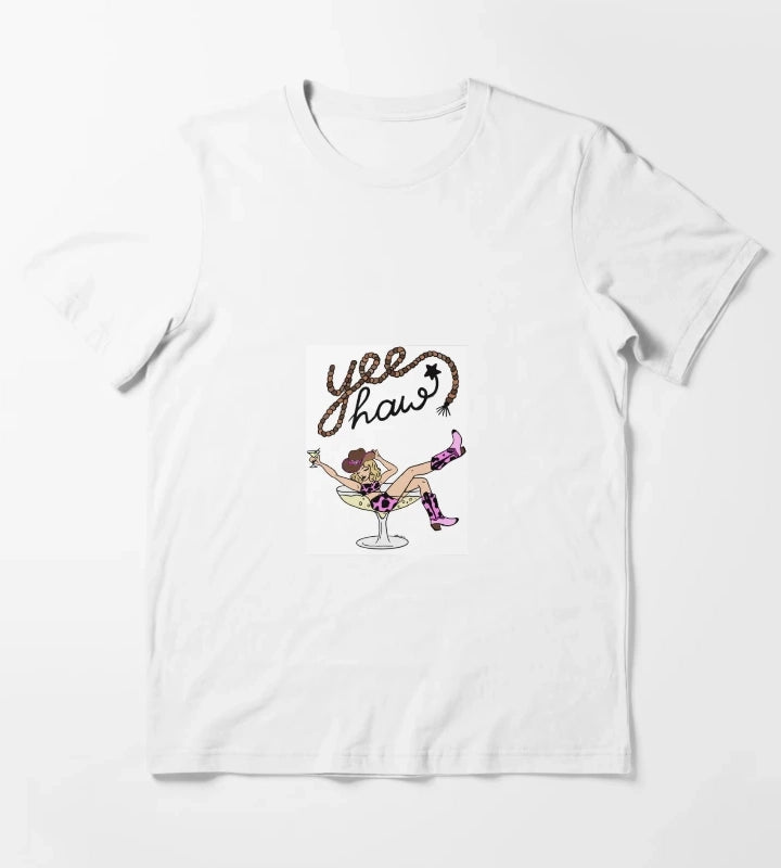 Yee Haw Cowgirl in Martini Glass Retro Western Pinup Art T-Shirt White
