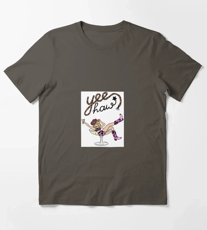 Yee Haw Cowgirl in Martini Glass Retro Western Pinup Art T-Shirt Dark Grey