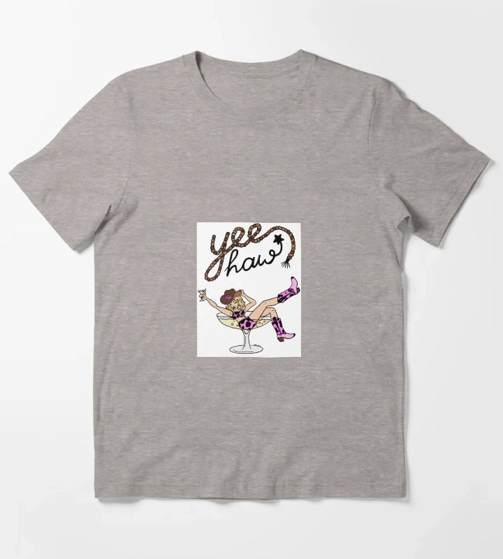 Yee Haw Cowgirl in Martini Glass Retro Western Pinup Art T-Shirt Heather Grey