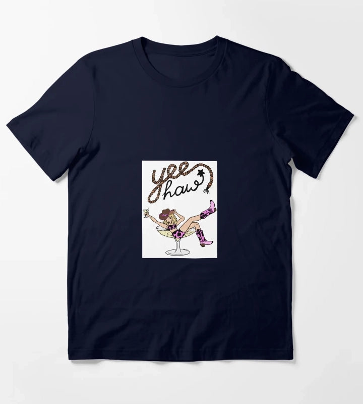 Yee Haw Cowgirl in Martini Glass Retro Western Pinup Art T-Shirt Navy