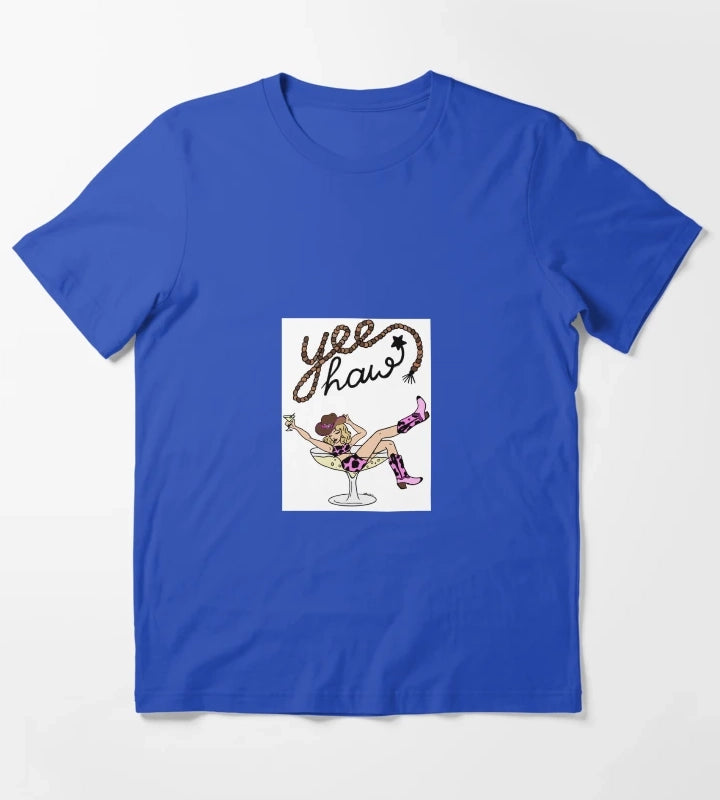 Yee Haw Cowgirl in Martini Glass Retro Western Pinup Art T-Shirt Blue