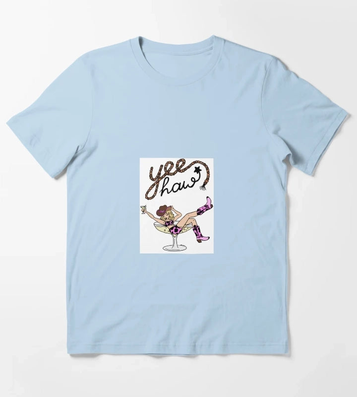 Yee Haw Cowgirl in Martini Glass Retro Western Pinup Art T-Shirt Sky Blue