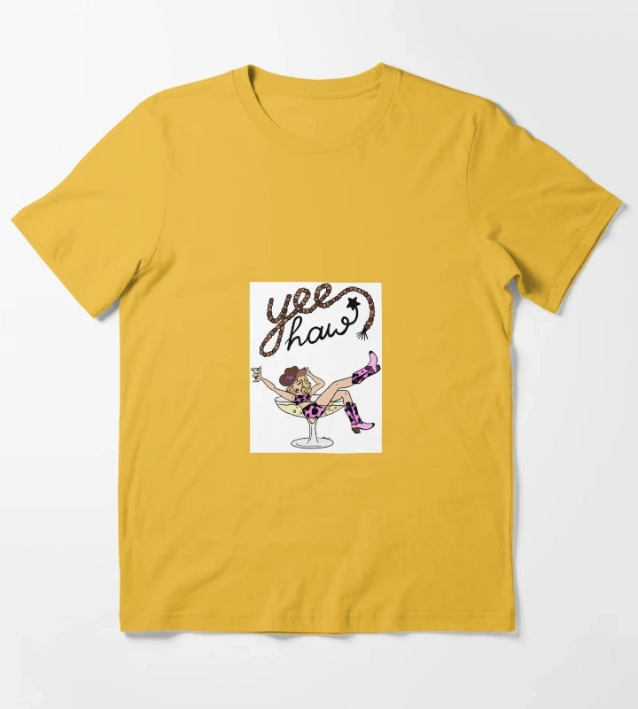 Yee Haw Cowgirl in Martini Glass Retro Western Pinup Art T-Shirt Yellow