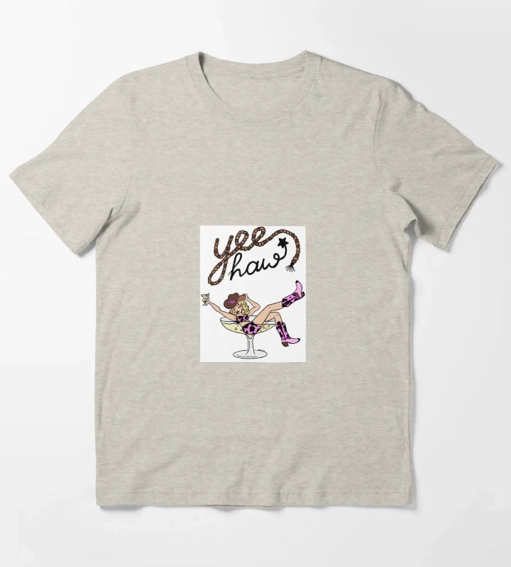 Yee Haw Cowgirl in Martini Glass Retro Western Pinup Art T-Shirt Cream