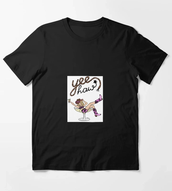 Yee Haw Cowgirl in Martini Glass Retro Western Pinup Art T-Shirt