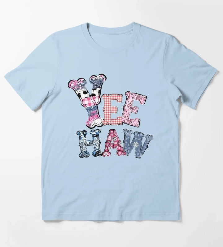 Yee Haw Multi Pattern Print In Blues And Pink T-Shirt Sky Blue