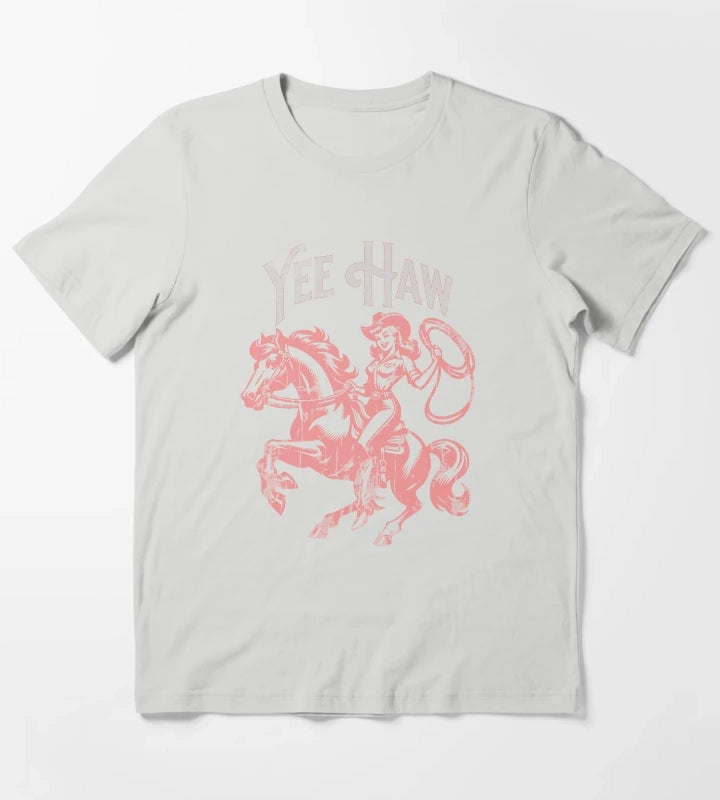 Yee Haw Vintage Cowgirl Pink T-Shirt Light Grey