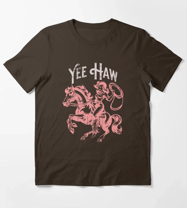 Yee Haw Vintage Cowgirl Pink T-Shirt Brown