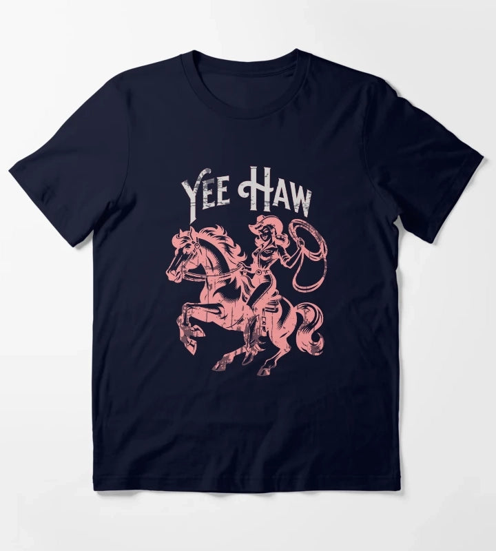 Yee Haw Vintage Cowgirl Pink T-Shirt Navy