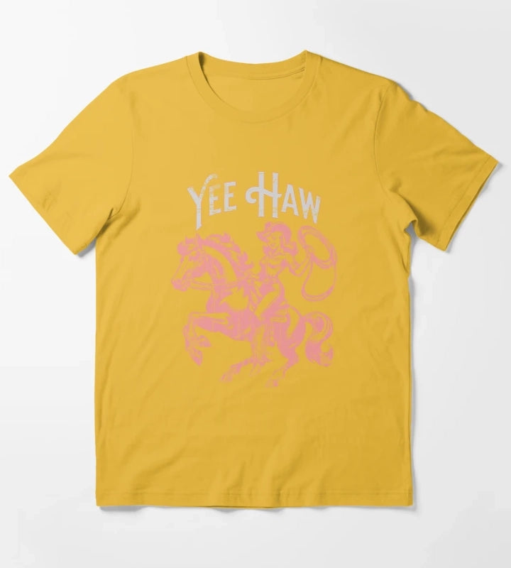 Yee Haw Vintage Cowgirl Pink T-Shirt Yellow